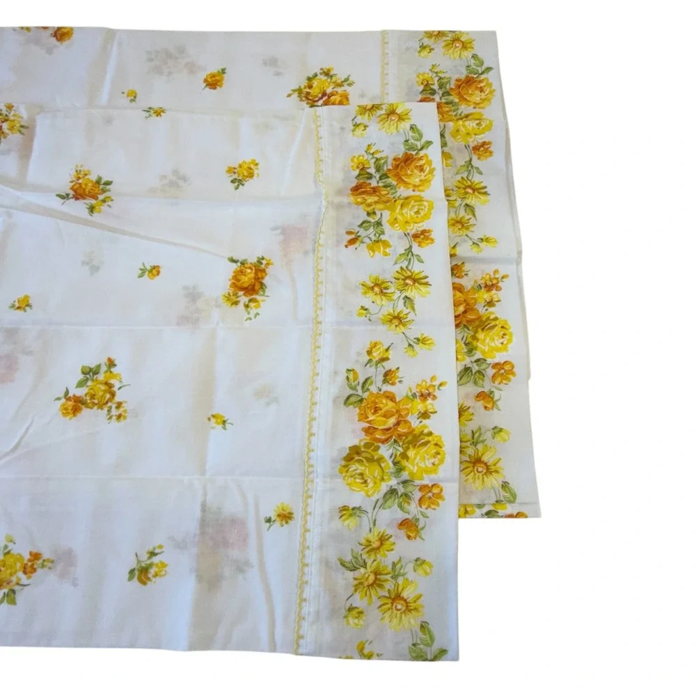 Vintage Standard Pillowcase‎ Set White Yellow Floral Cottagecore Retro Trim